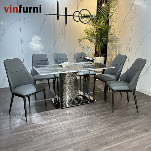 bộ bàn ăn nhập khẩu mặt đá chân inox khắc nhám BA16