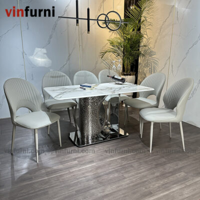 bộ bàn ăn nhập khẩu mặt đá chân inox khắc nhám BA16
