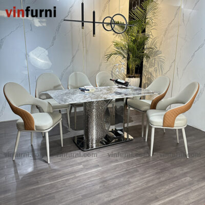 bộ bàn ăn nhập khẩu mặt đá chân inox khắc nhám BA16