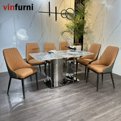 bộ bàn ăn nhập khẩu mặt đá chân inox khắc nhám BA16