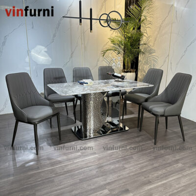 bộ bàn ăn nhập khẩu mặt đá chân inox khắc nhám BA16