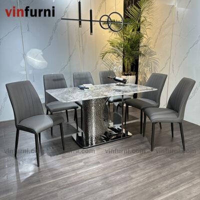 bộ bàn ăn nhập khẩu mặt đá chân inox khắc nhám BA16