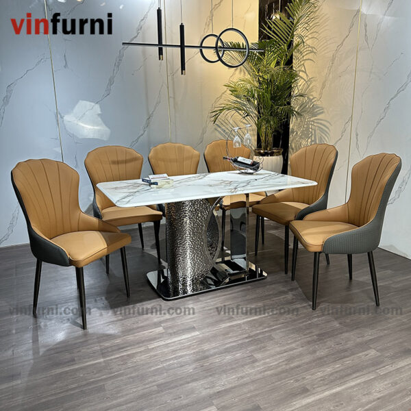bộ bàn ăn nhập khẩu mặt đá chân inox khắc nhám BA16
