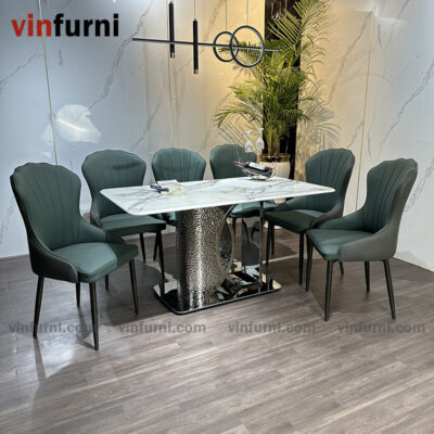 bộ bàn ăn nhập khẩu mặt đá chân inox khắc nhám BA16