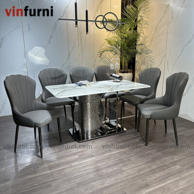 bộ bàn ăn nhập khẩu mặt đá chân inox khắc nhám BA16